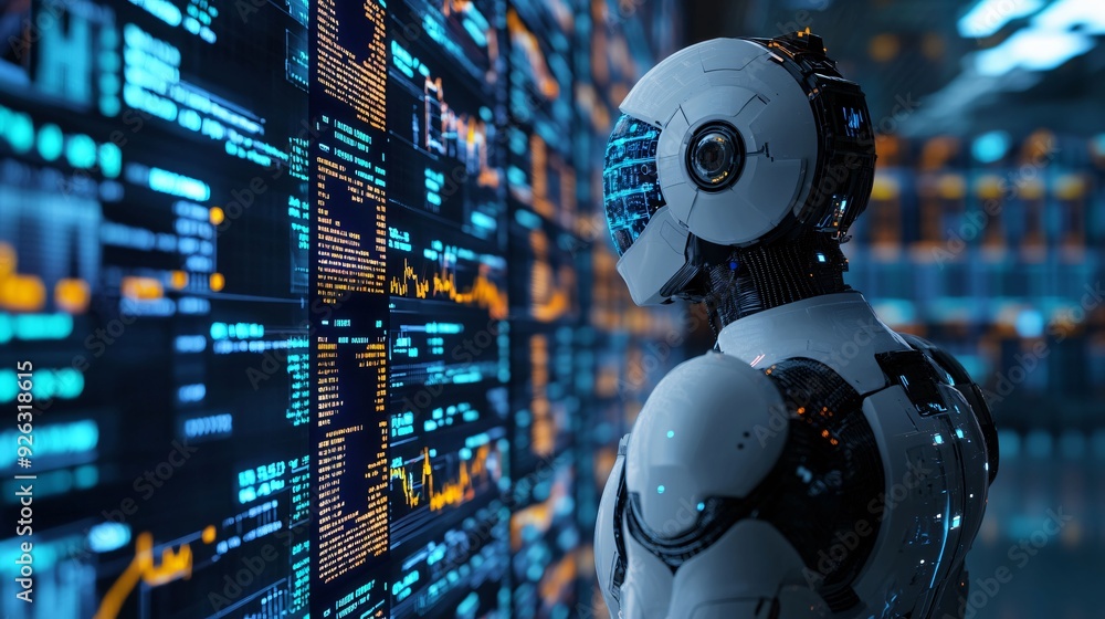 A futuristic AI robot analyzing data displayed on multiple digital screens, symbolizing artificial intelligence, big data, and technological advancements in analytics. A futuristic AI robot analyzing data displayed on multiple digital screens, symbolizing artificial intelligence, big data, and technological advancements in analytics.