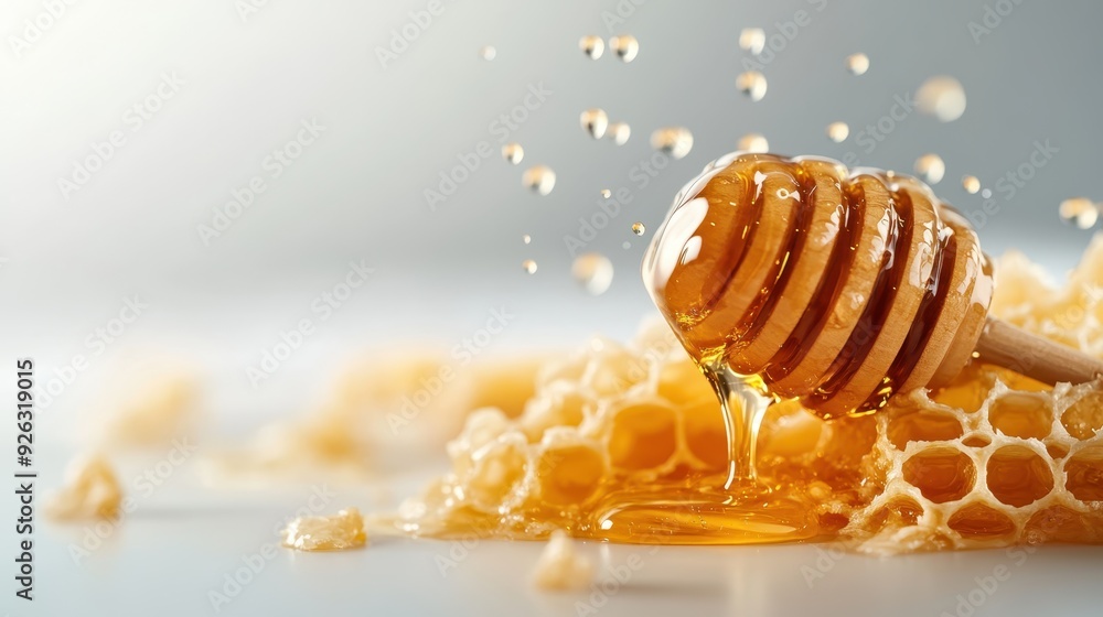 Close-up of honey dripping from a wooden dipper onto a honeycomb, showcasing the natural golden honey and the geometric patterns of the honeycomb in a bright light. Close-up of honey dripping from a wooden dipper onto a honeycomb, showcasing the natural golden honey and the geometric patterns of the honeycomb in a bright light.