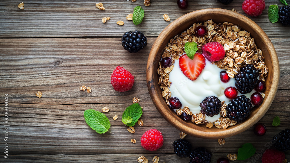 Top-down view of a wooden bowl filled with granola, fresh berries, and yogurt on a rustic wooden table. Ai generated Top-down view of a wooden bowl filled with granola, fresh berries, and yogurt on a rustic wooden table. Ai generated