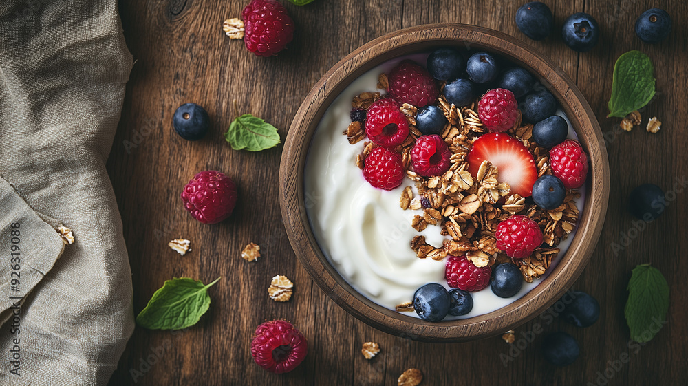 Top-down view of a wooden bowl filled with granola, fresh berries, and yogurt on a rustic wooden table. Ai generated Top-down view of a wooden bowl filled with granola, fresh berries, and yogurt on a rustic wooden table. Ai generated