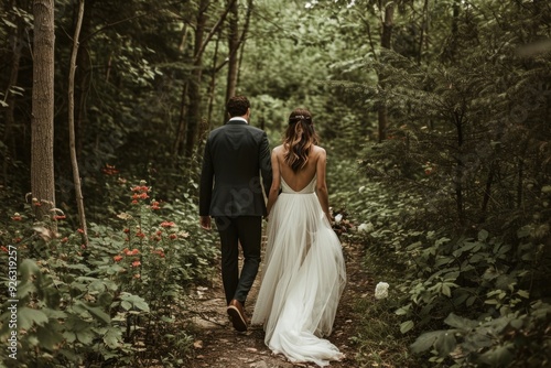 Fototapeta Naklejka Na Ścianę i Meble -  Bride and groom forest tree outdoors.