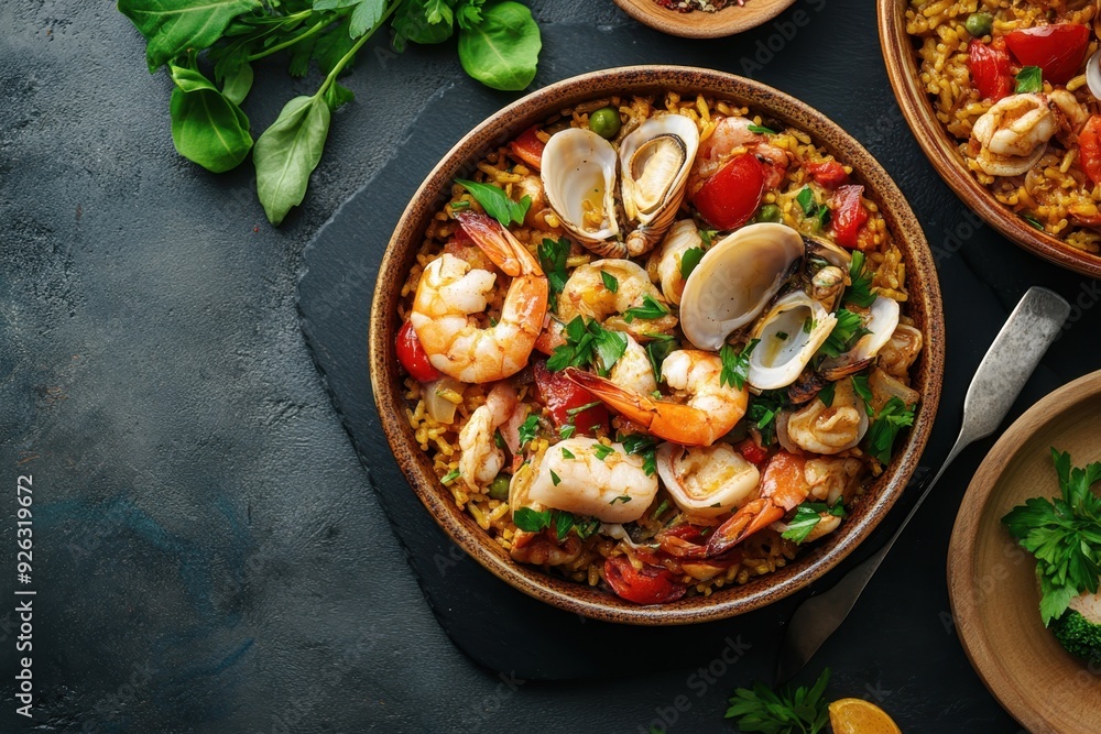 Delicious seafood paella with shellfish and saffron rice, placed on the right side of a dark stone table. Professional overhead shot highlighting the vibrant and flavorful dish. Delicious seafood paella with shellfish and saffron rice, placed on the right side of a dark stone table. Professional overhead shot highlighting the vibrant and flavorful dish.