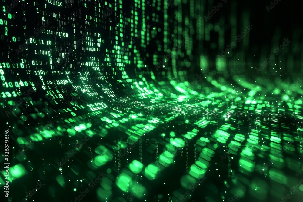Green Dark Binary Code with Data Streaming Background created with Generative AI Green Dark Binary Code with Data Streaming Background created with Generative AI