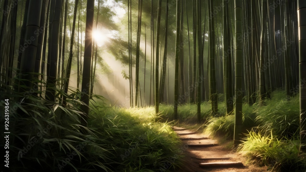 Obraz premium A tranquil wetland at dawn with mist rising off the still water, a family of swans gliding gracefully, and tall grasses swaying gently