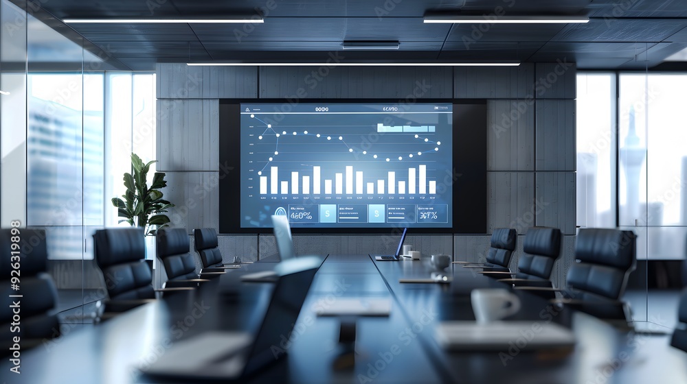 A high-end business office with a screen showing a financial growth chart and key performance indicators. The setting is geared towards high-level financial analysis and strategic meetings. A high-end business office with a screen showing a financial growth chart and key performance indicators. The setting is geared towards high-level financial analysis and strategic meetings.