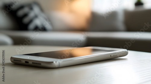 A cell phone is sitting on a table in a dimly lit room. The phone is turned off and has a black screen. The room is quiet and the only light source is a lamp in the corner