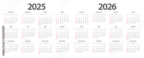 Calendar 2025, calendar 2026 week start Sunday corporate design planner template.