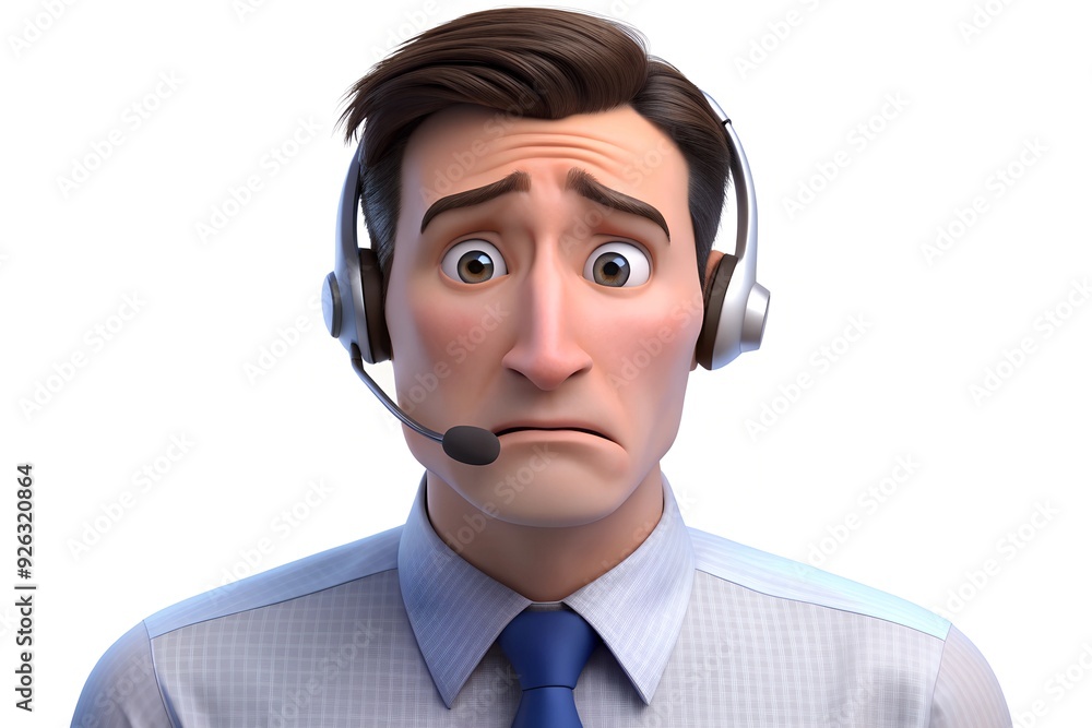 Cartoon Man in Headset and Shirt Looking Worried While Dealing with Difficult Customer Cartoon Man in Headset and Shirt Looking Worried While Dealing with Difficult Customer