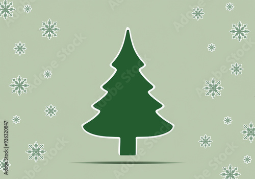 A minimalist classical fir tree shape with snowflakes, illustration 