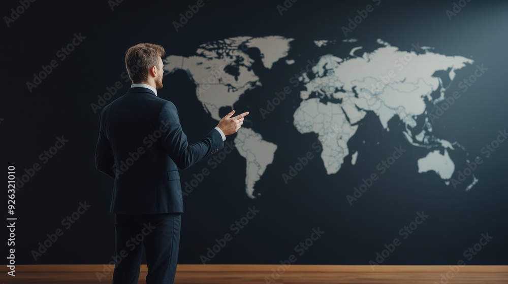 A Confident Businessman Engaging with a Global Map, Emphasizing International Connections and Opportunities for Growth and Success. A Confident Businessman Engaging with a Global Map, Emphasizing International Connections and Opportunities for Growth and Success.