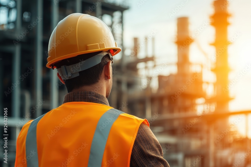 A thoughtful worker observes the sprawling industrial landscape as the sun sets, highlighting the importance of safety in construction environments. A thoughtful worker observes the sprawling industrial landscape as the sun sets, highlighting the importance of safety in construction environments.