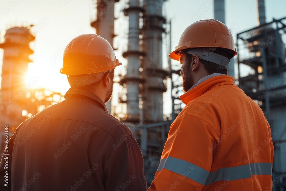 Two Engineers Overseeing Operations at a Refinery During a Stunning Sunset Amidst a Complex Industrial Landscape Two Engineers Overseeing Operations at a Refinery During a Stunning Sunset Amidst a Complex Industrial Landscape