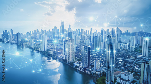 Smart digital Innovation city with connection network reciprocity over the cityscape. of future smart wireless digital city and social media networking systems that connects people with in city