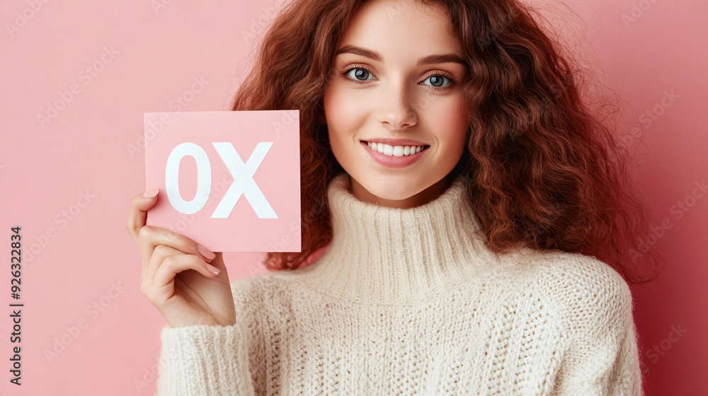 Close-up of Woman Holding Percent Sign on Pink Background Close-up of Woman Holding Percent Sign on Pink Background