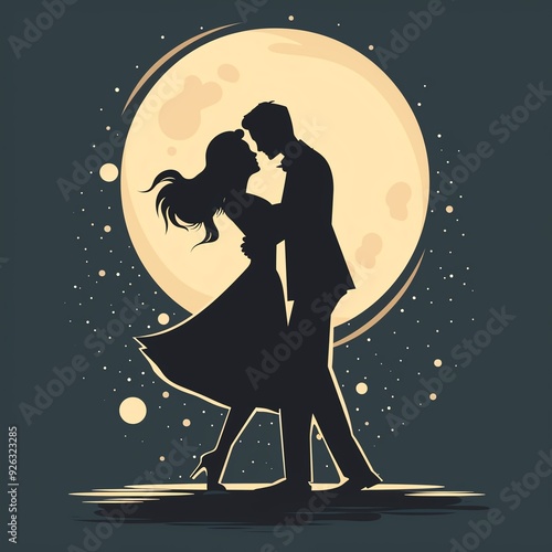 Silhouette of a couple in love sharing a kiss under a full moon with a starry night background. photo