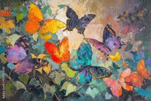 Group of butterfly in a garden painting animal art.