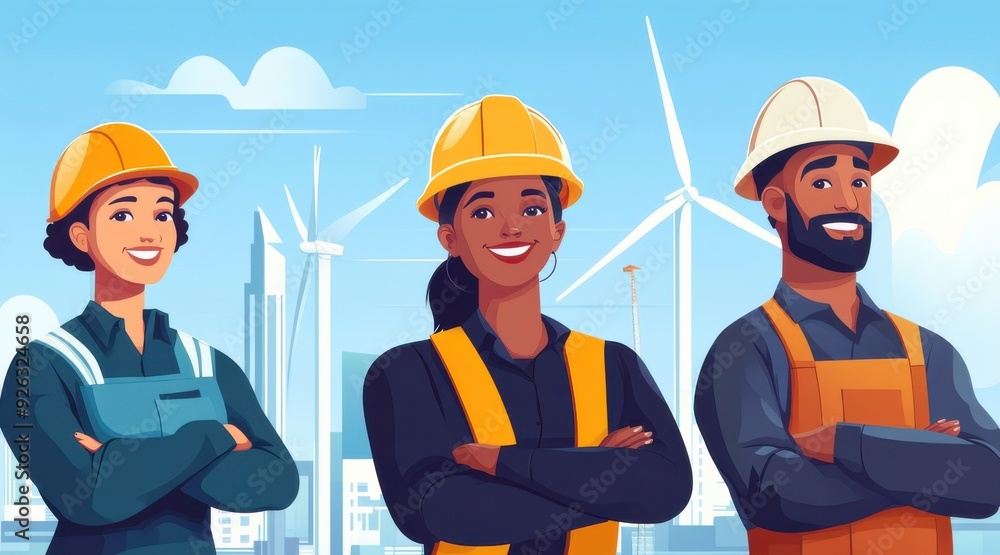 An illustration of three smiling engineers in hard hats standing confidently in front of wind turbines, renewable energy concept. An illustration of three smiling engineers in hard hats standing confidently in front of wind turbines, renewable energy concept.