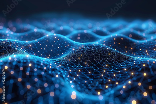 A 3D image of embossed mesh symbolizes intricate web of internet connections in cloud computing, with dot links creating a dynamic and abstract technological background