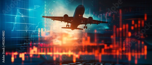 Airplane taking off with a backdrop of financial graphs and charts, symbolizing the intersection of aviation and economic trends.