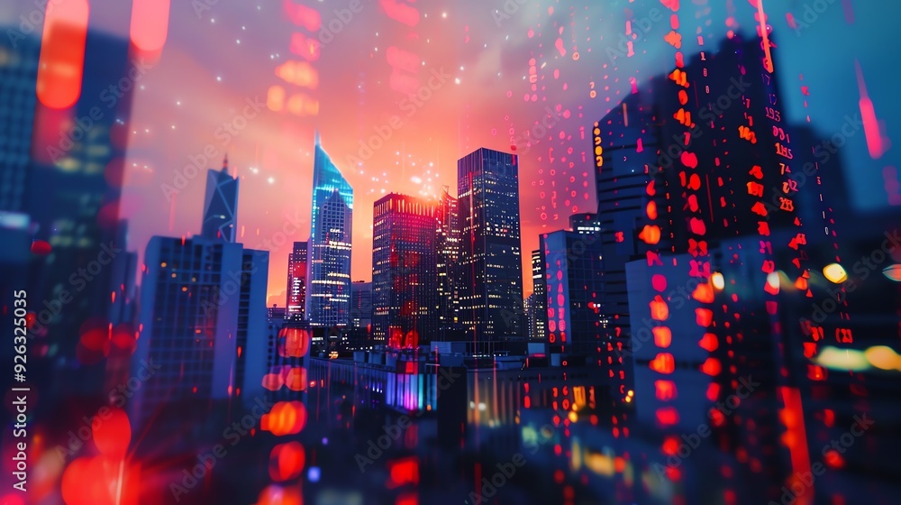 A vibrant city skyline with a dynamic digital overlay, showcasing modern architecture and a beautiful sunset backdrop. A vibrant city skyline with a dynamic digital overlay, showcasing modern architecture and a beautiful sunset backdrop.