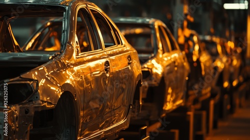 Automobile manufacturing plant assembly line with unfinished cars.