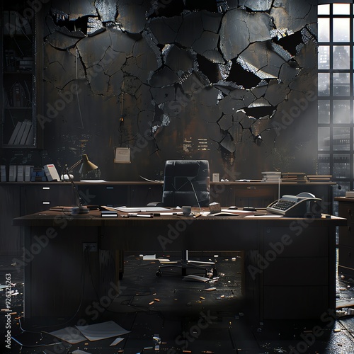 A dark, abandoned office with a broken wall and scattered papers, suggesting a scene of disruption.