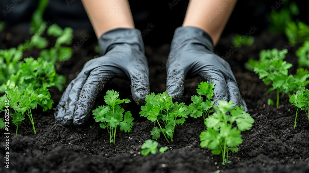 Green Thumb: Female Hands in Gloves Planting Cilantro, Fennel, and Parsley Seeds with Selective Focus Green Thumb: Female Hands in Gloves Planting Cilantro, Fennel, and Parsley Seeds with Selective Focus