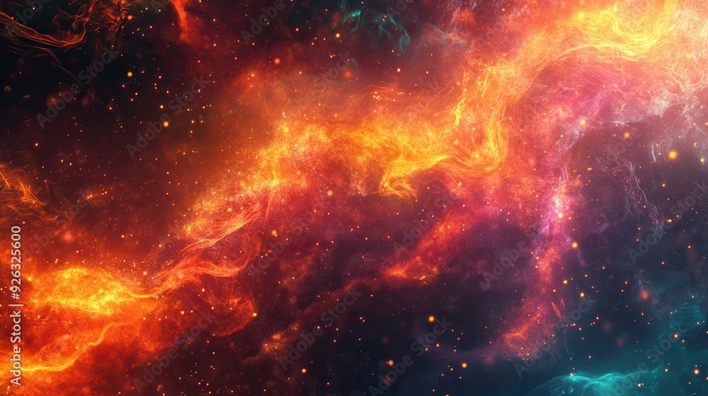 A vibrant cosmic scene showcasing swirling colors and star-like particles in a nebula. A vibrant cosmic scene showcasing swirling colors and star-like particles in a nebula.