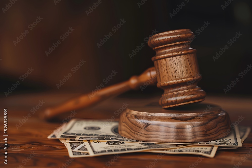 flat lay image of a wooden gavel and a stack of dollar bills on a table, with a brown background and a blurred dark brown backdrop. flat lay image of a wooden gavel and a stack of dollar bills on a table, with a brown background and a blurred dark brown backdrop.