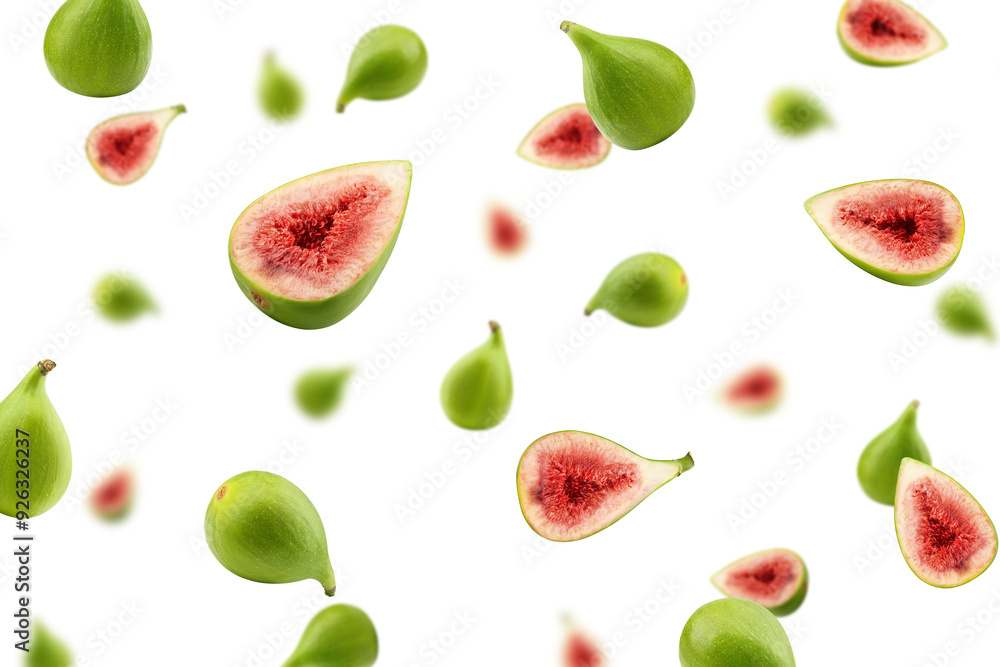 Falling green Fig isolated on white background, selective focus Falling green Fig isolated on white background, selective focus
