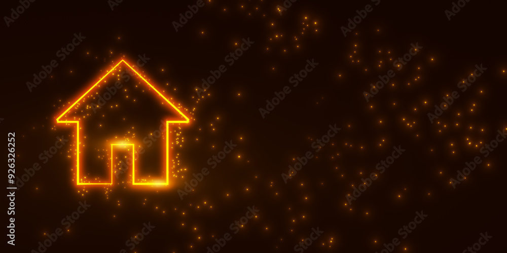 Neon house icon with glowing dots on dark background. 3D Rendering Neon house icon with glowing dots on dark background. 3D Rendering