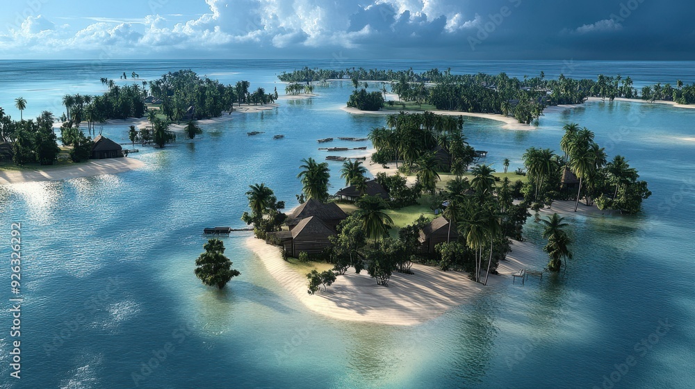 Obraz premium Lush tropical islands surrounded by clear blue waters showcase a serene paradise setting