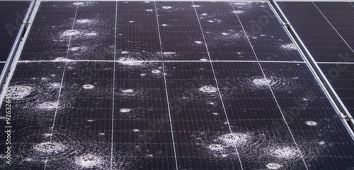Canvas Print Close-up of severe hail damage on solar panels, showcasing multiple cracks and impact points on photovoltaic cells, highlighting the vulnerability of renewable energy systems to extreme weather
