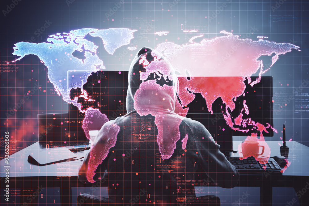 Obraz premium Hacker in hoodie using computer with digital world map overlay, cyber security.