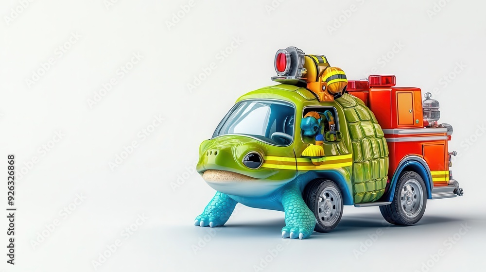 Turtle dressed as a firefighter, tiny fire truck, 3D illustration Turtle dressed as a firefighter, tiny fire truck, 3D illustration