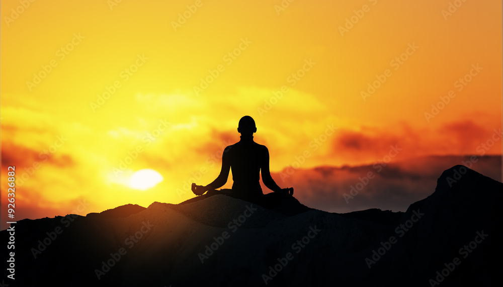 Woman meditating at sunset on a hilltop, silhouetted against a vibrant sky. Woman meditating at sunset on a hilltop, silhouetted against a vibrant sky.