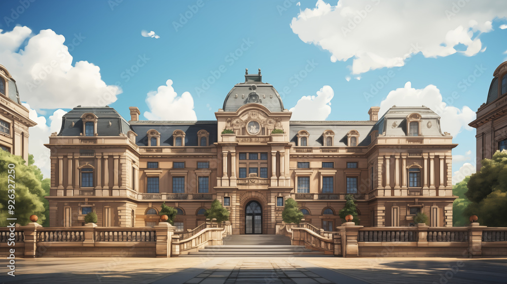 Obraz premium Majestic European University Building With Ornate Facade and Grand Staircase in a Lush Green Campus