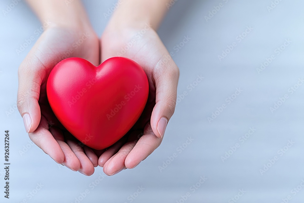 Fototapeta premium A pair of hands gently cradling a vibrant red heart symbolizing love and care on a soft, blurred background.