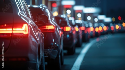 A night scene of cars lined up at a gas station, showcasing illuminated taillights against a blurred city backdrop.