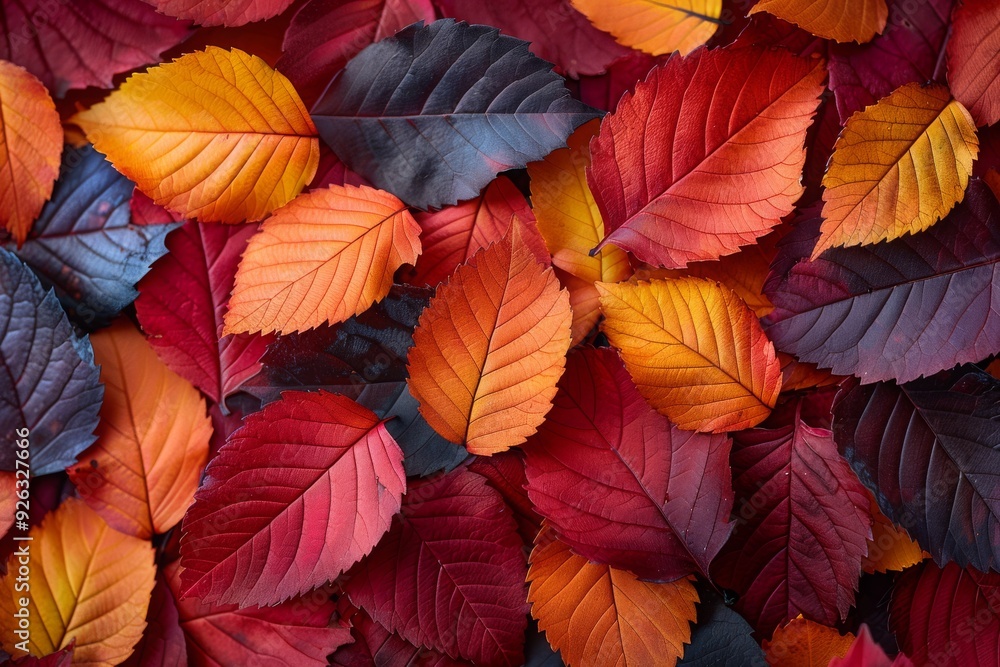 Autumn leaves in vibrant shades of red, orange, and purple scattered on a surface Autumn leaves in vibrant shades of red, orange, and purple scattered on a surface