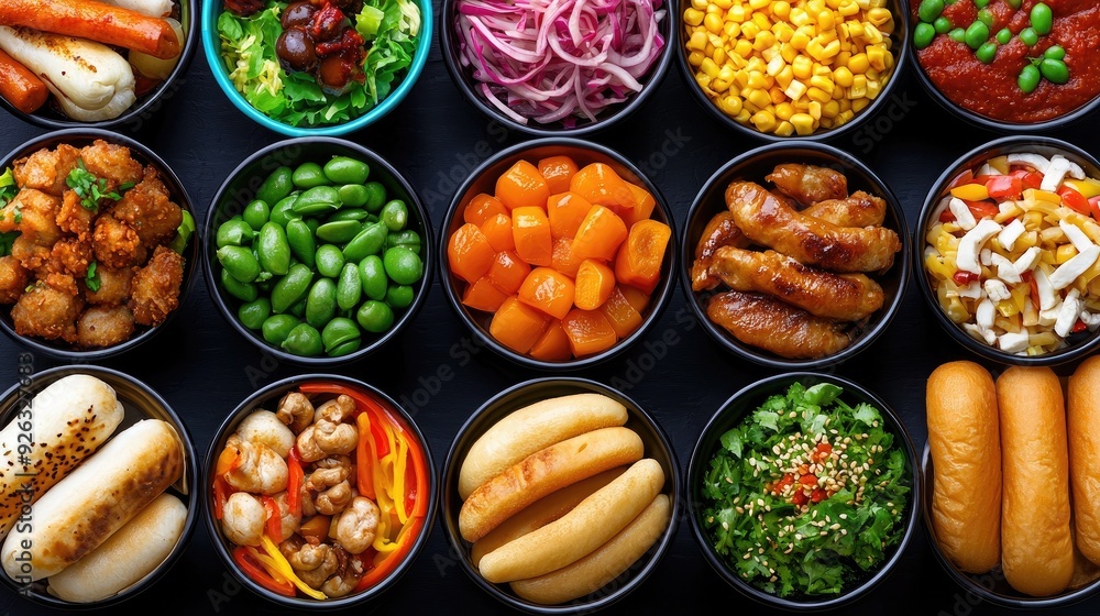 A vibrant assortment of delicious food in bowls, featuring various meats, vegetables, and grains perfect for meal planning. A vibrant assortment of delicious food in bowls, featuring various meats, vegetables, and grains perfect for meal planning.