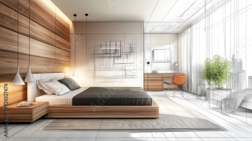 Stylish bedroom interior with modern furniture presented as a combination of photo and sketch