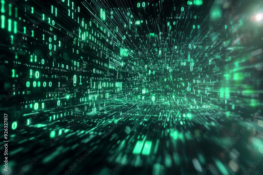 Green Dark Binary Code with Data Streaming Background created with Generative AI Green Dark Binary Code with Data Streaming Background created with Generative AI