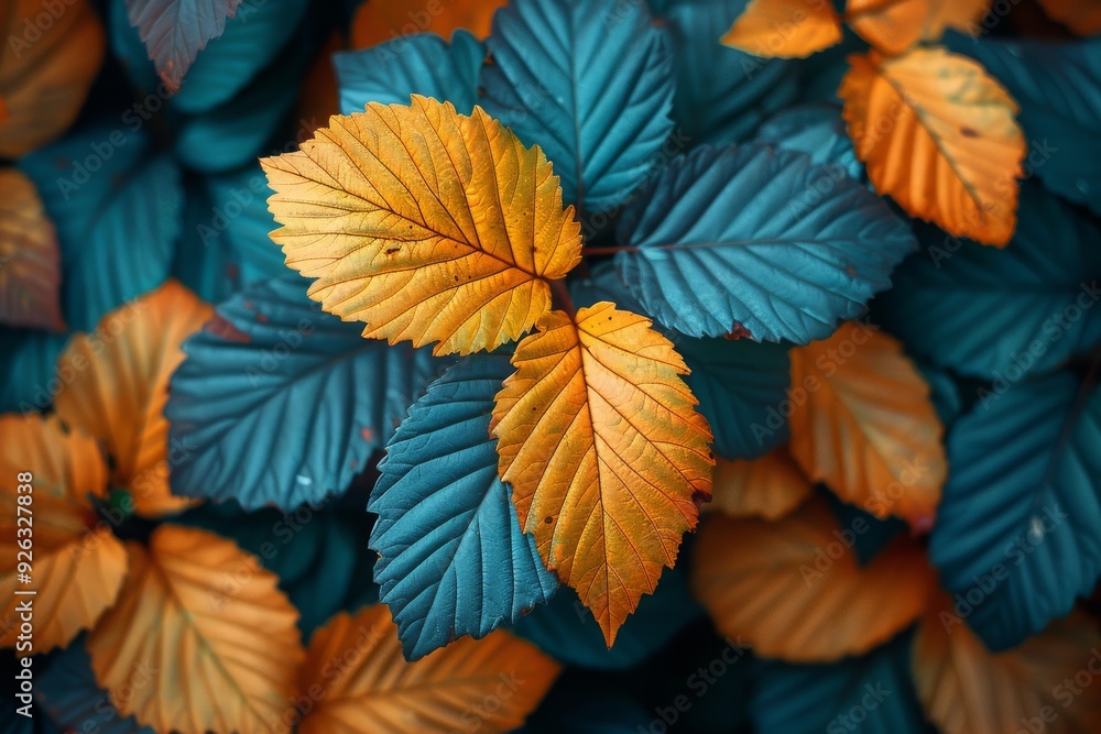 Vibrant autumn leaves in shades of blue-green and orange Vibrant autumn leaves in shades of blue-green and orange