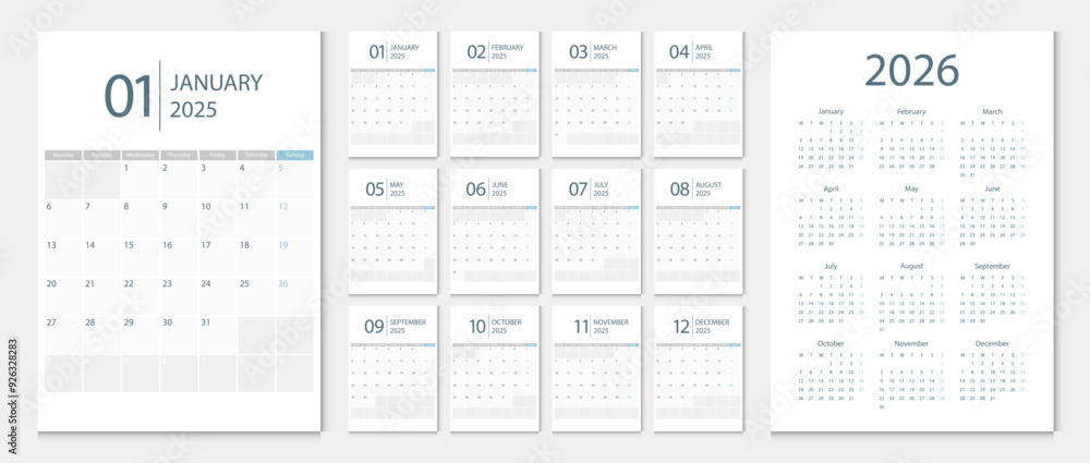 Calendar 2025, calendar 2026 week start Monday corporate design template vector. Desk calendar 2025 Calendar 2025, calendar 2026 week start Monday corporate design template vector. Desk calendar 2025