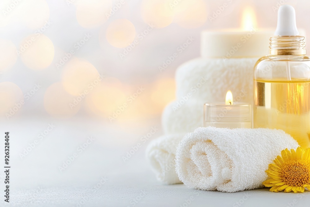 Relaxing spa setup with candles, essential oil, and towels for a soothing experience and wellness. Relaxing spa setup with candles, essential oil, and towels for a soothing experience and wellness.