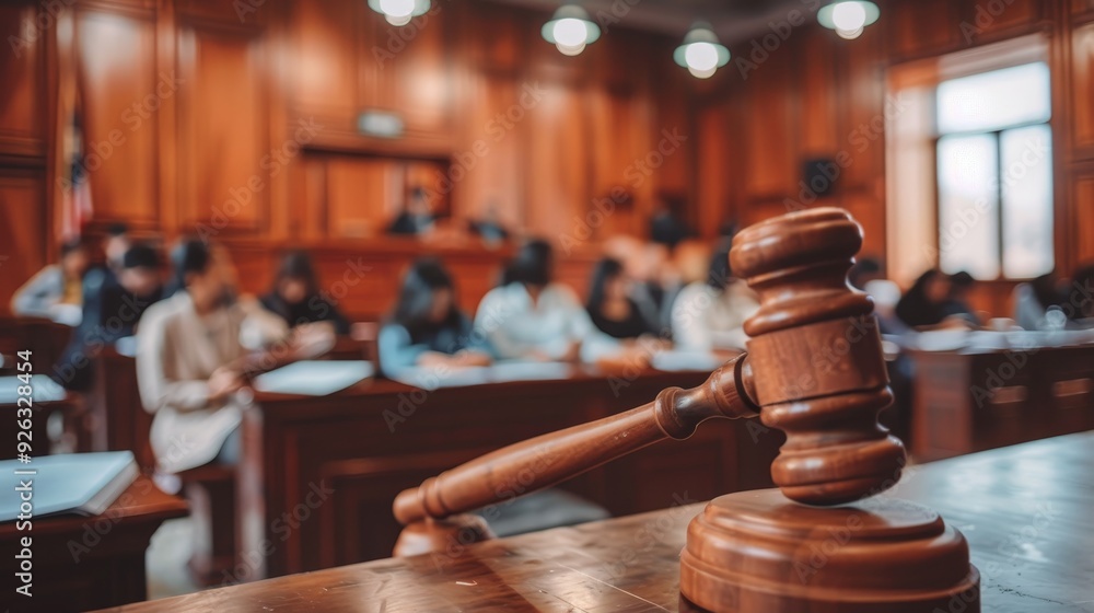 Judge's Gavel in Courtroom with Blurred Figures and Legal Authority. Judge's Gavel in Courtroom with Blurred Figures and Legal Authority.