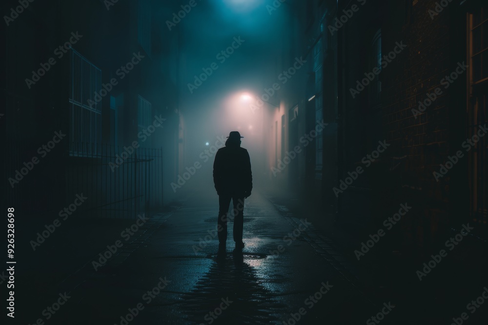 Mysterious Figure Cloaked in Shadow on Foggy Dimly Lit Street. Mysterious Figure Cloaked in Shadow on Foggy Dimly Lit Street.