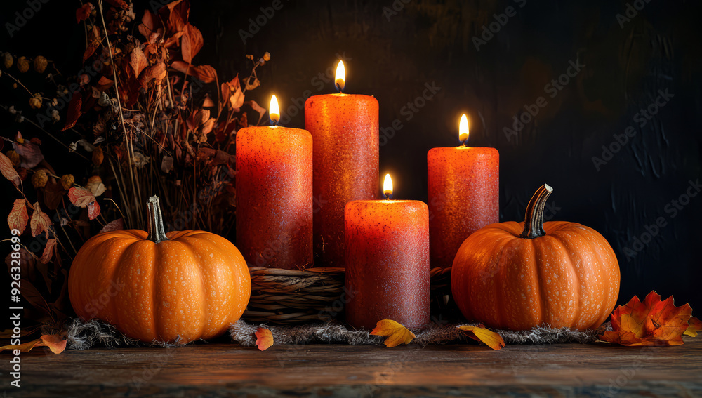 Halloween pumpkin and candles on wooden table Halloween pumpkin and candles on wooden table