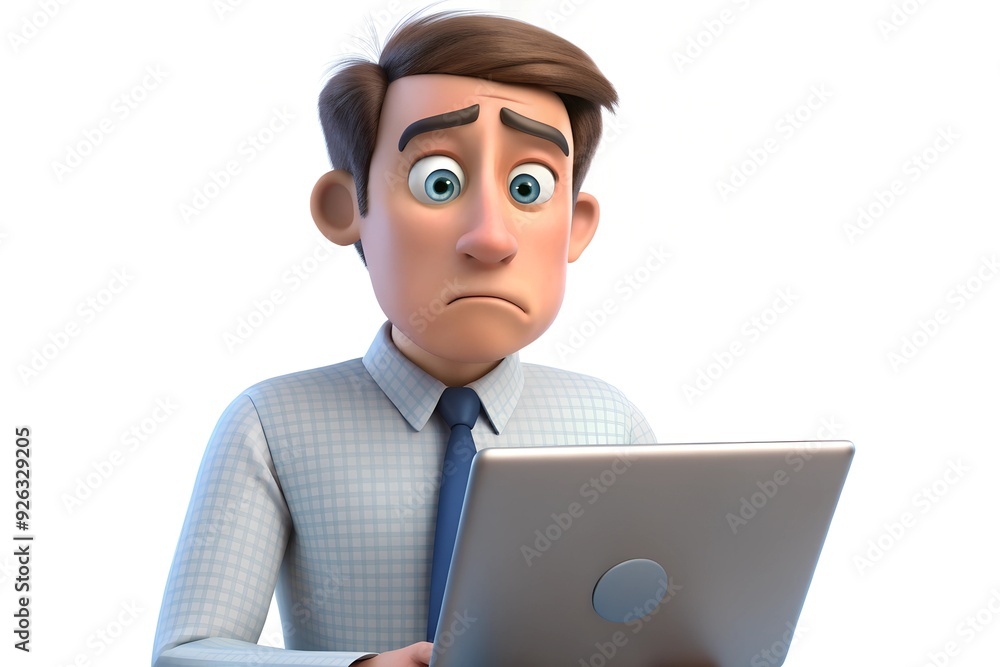 Cartoon Man in Blue Checkered Shirt and Tie Worriedly Looking at Laptop Cartoon Man in Blue Checkered Shirt and Tie Worriedly Looking at Laptop